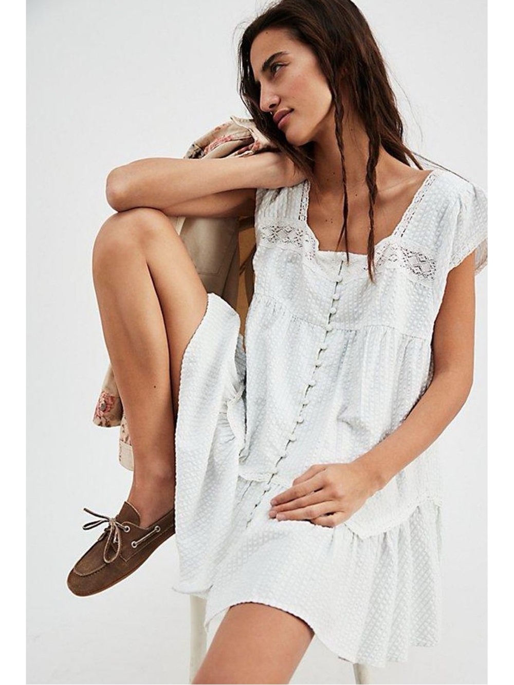 Free People Alessia Babydoll Mini Dress White Blue Stripe